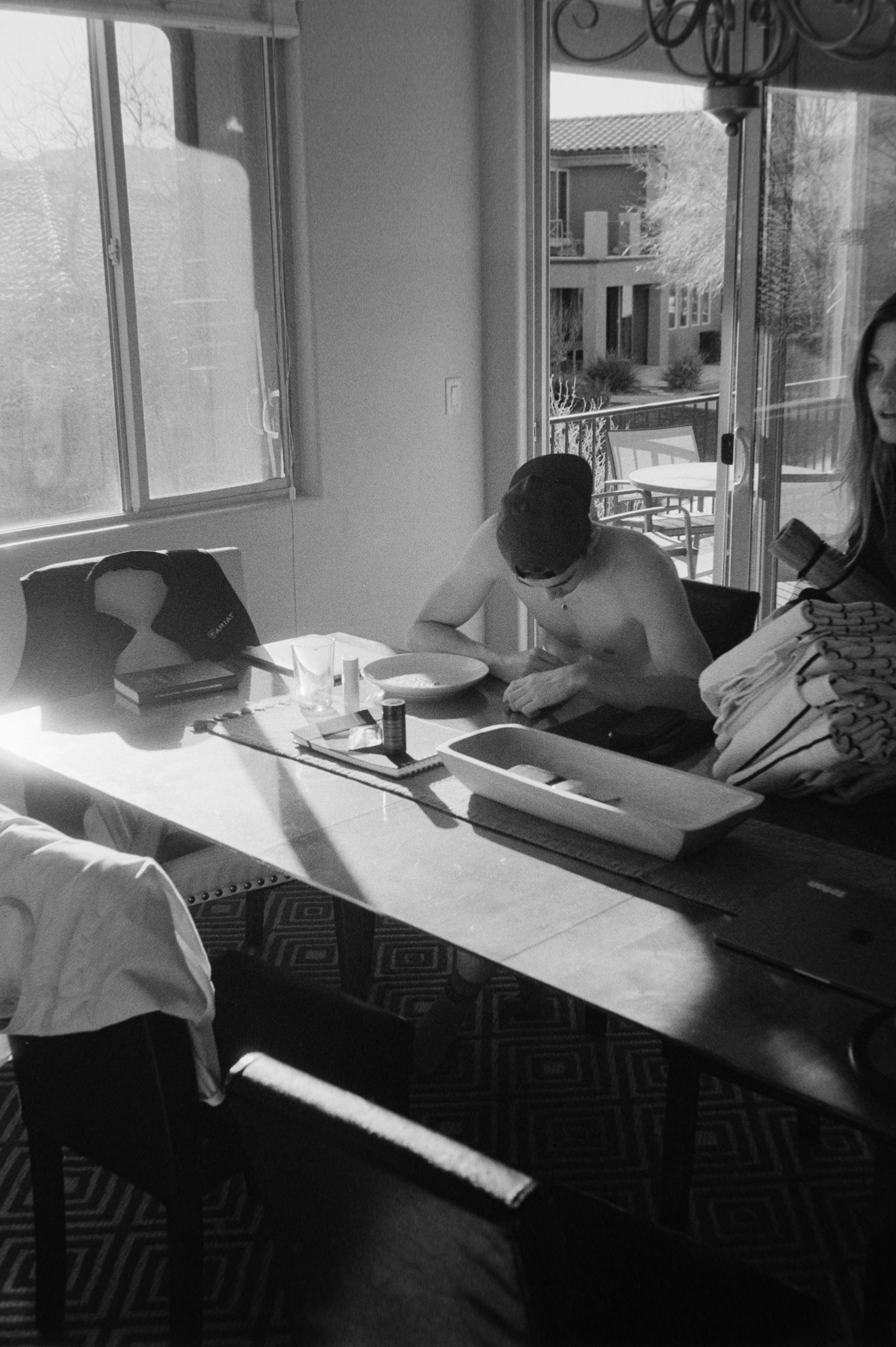 An older couple reviewing papers together at home